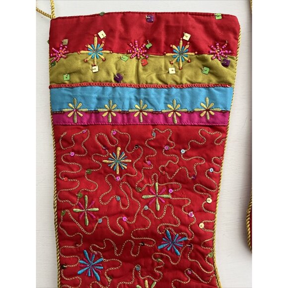 Pier 1 Imports Christmas Stocking Set of 3 Kitschy Multicolored Sequined Beaded - Picture 5 of 16